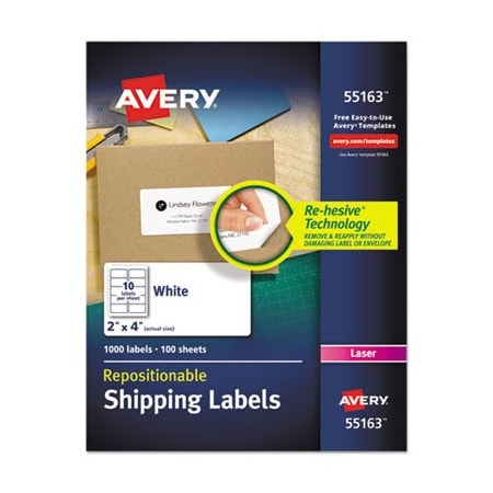 Avery Dennison Avery, REPOSITIONABLE SHIPPING LABELS W/SURE FEED, INKJET/LASER, 2 X 4, WHITE, 1000PK 55163